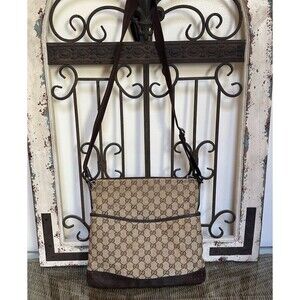 Vintage Gucci GG Canvas Crossbody Bag Brown Leather Authentic 145857/001013